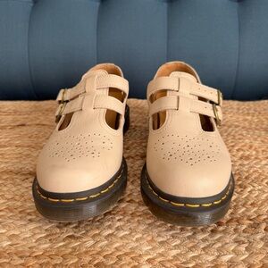 Dr. Martens Tan Mary Jane 8065 Shoes with T-Strap and Brogue Detailing